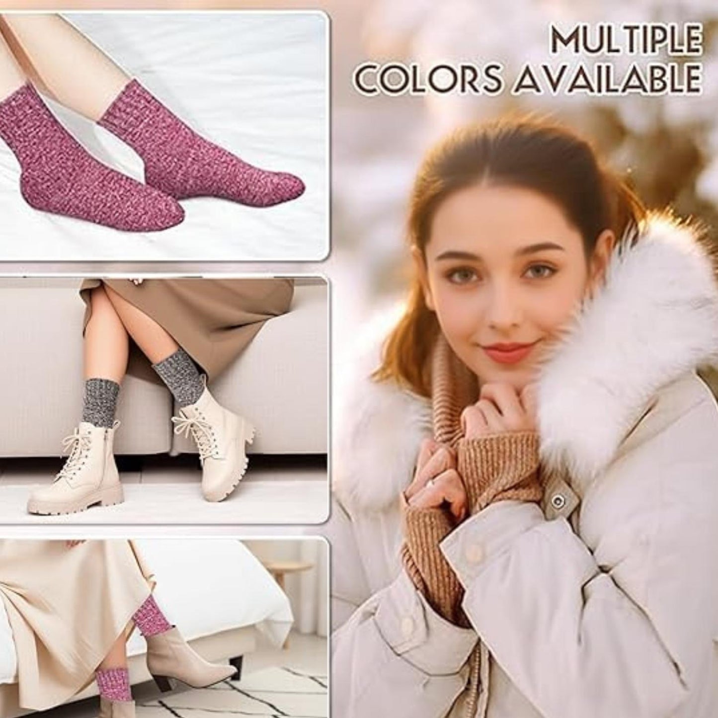 5-Pair Thermal Winter Socks for Women, One-Size Fit for Most UK Size from 4-8, Warm Wool Knit Ladies Socks