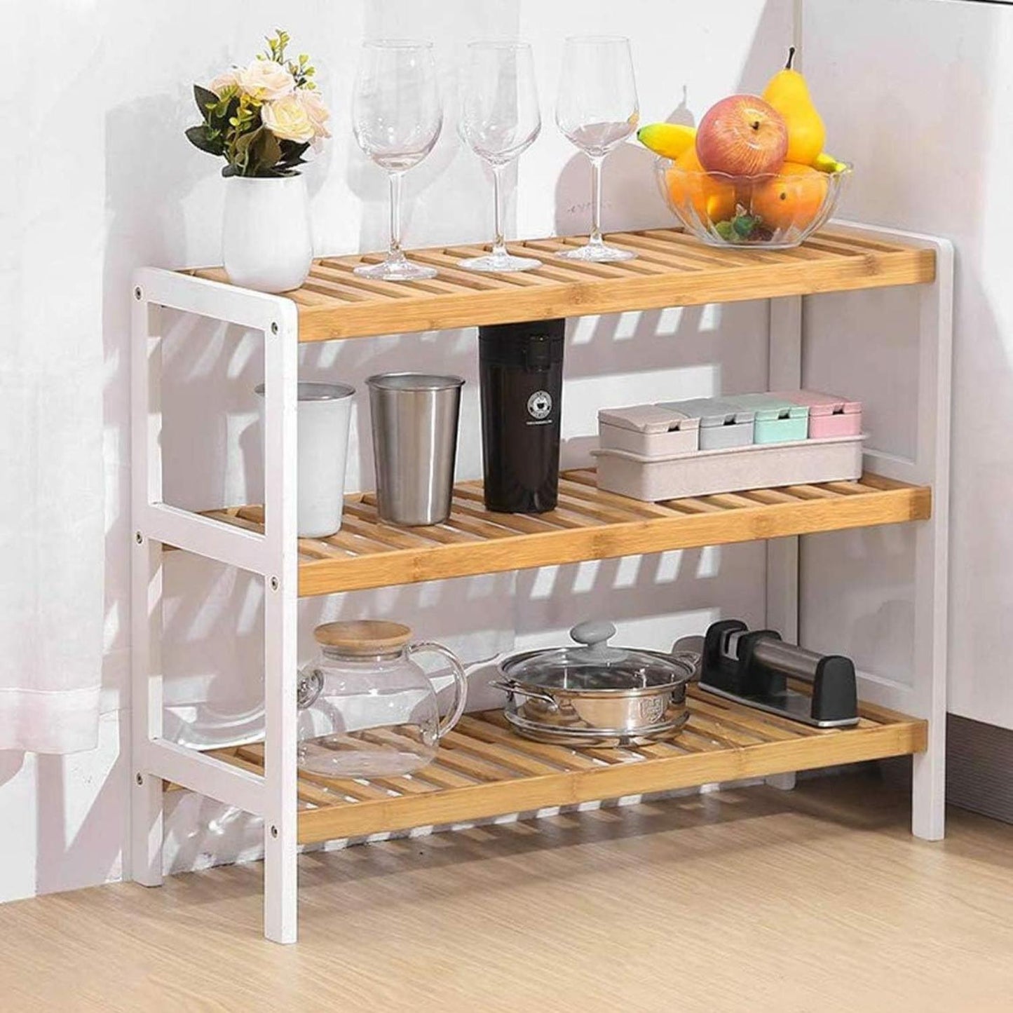 3-Tier White Bamboo Show Rack