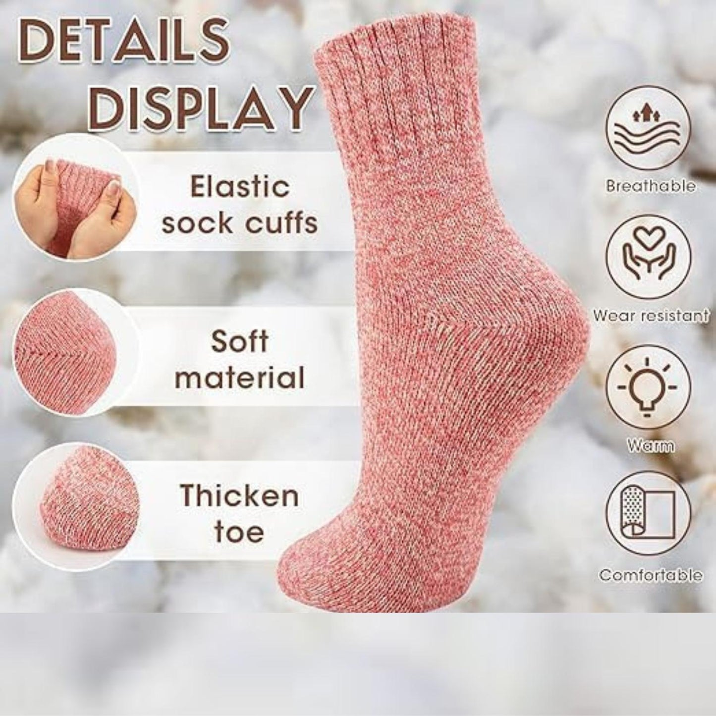 5-Pair Thermal Winter Socks for Women, One-Size Fit for Most UK Size from 4-8, Warm Wool Knit Ladies Socks