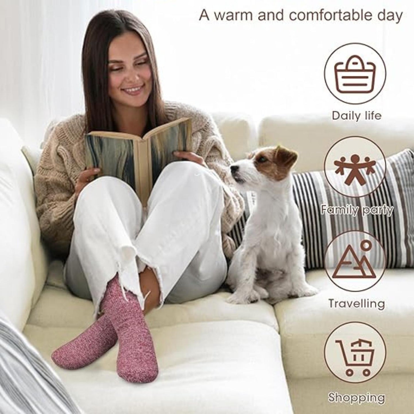 5-Pair Thermal Winter Socks for Women, One-Size Fit for Most UK Size from 4-8, Warm Wool Knit Ladies Socks