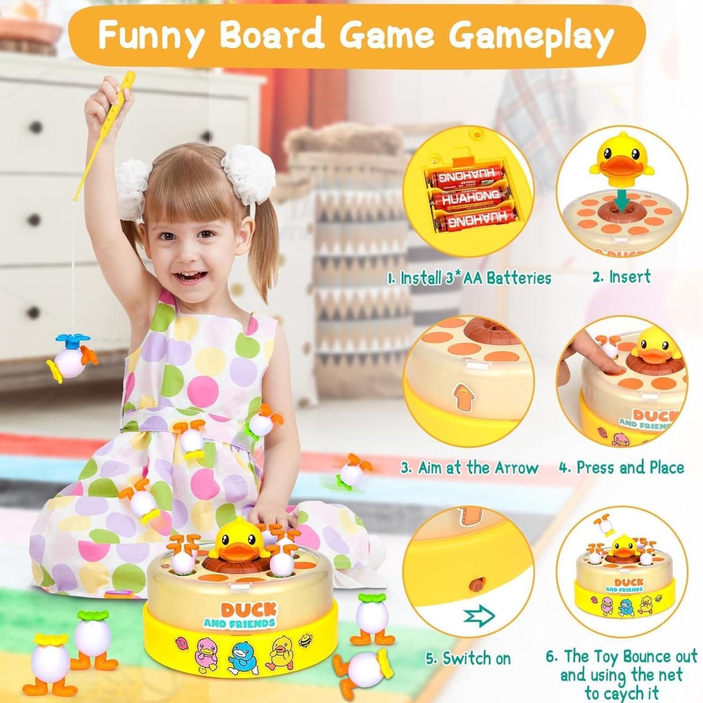 Duck Dash Jumping Duck Game Pop Up Magnetic Fishing Toys for 2-4 Year Old Boys & Girls Educational Montessori Toys with Happy Music Safe Durable Materials Christmas Fun Gift Games Holiday Joy