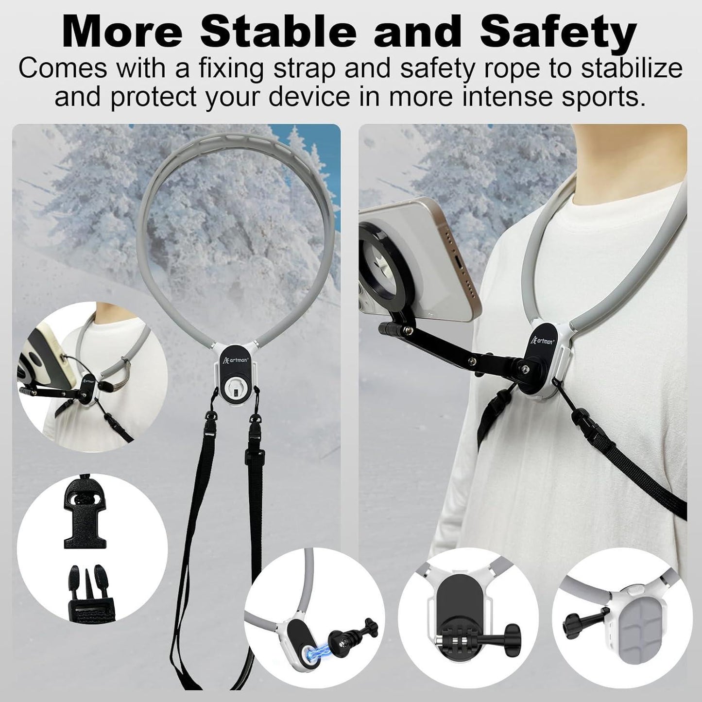 Magnetic Neck Phone Holder - Hanging Neck Phone Holder Adjustable Neck Mount Hands-Free GrPro Durable Grip Suction Bracket for POV, Vlogging, & Video Recording Compatible With Smart All Phones Selfie Stand Phone Accessories Travel Gadgets