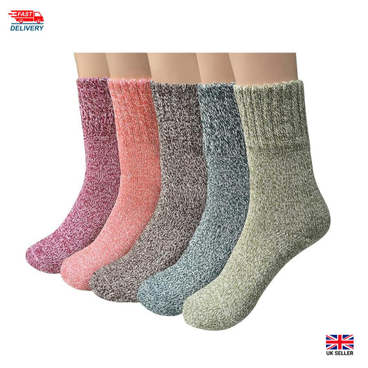 5-Pair Thermal Winter Socks for Women, One-Size Fit for Most UK Size from 4-8, Warm Wool Knit Ladies Socks