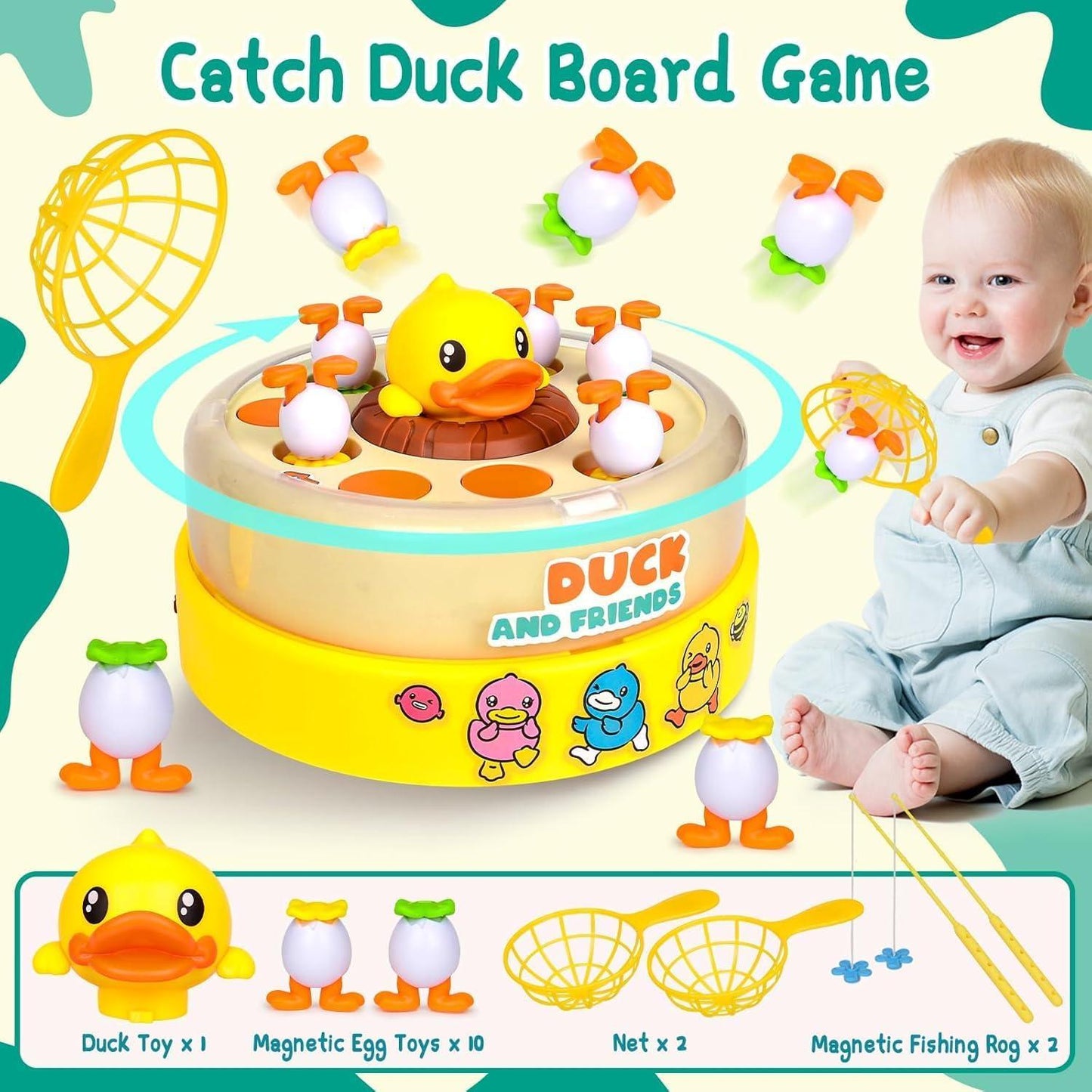 Duck Dash Jumping Duck Game Pop Up Magnetic Fishing Toys for 2-4 Year Old Boys & Girls Educational Montessori Toys with Happy Music Safe Durable Materials Christmas Fun Gift Games Holiday Joy