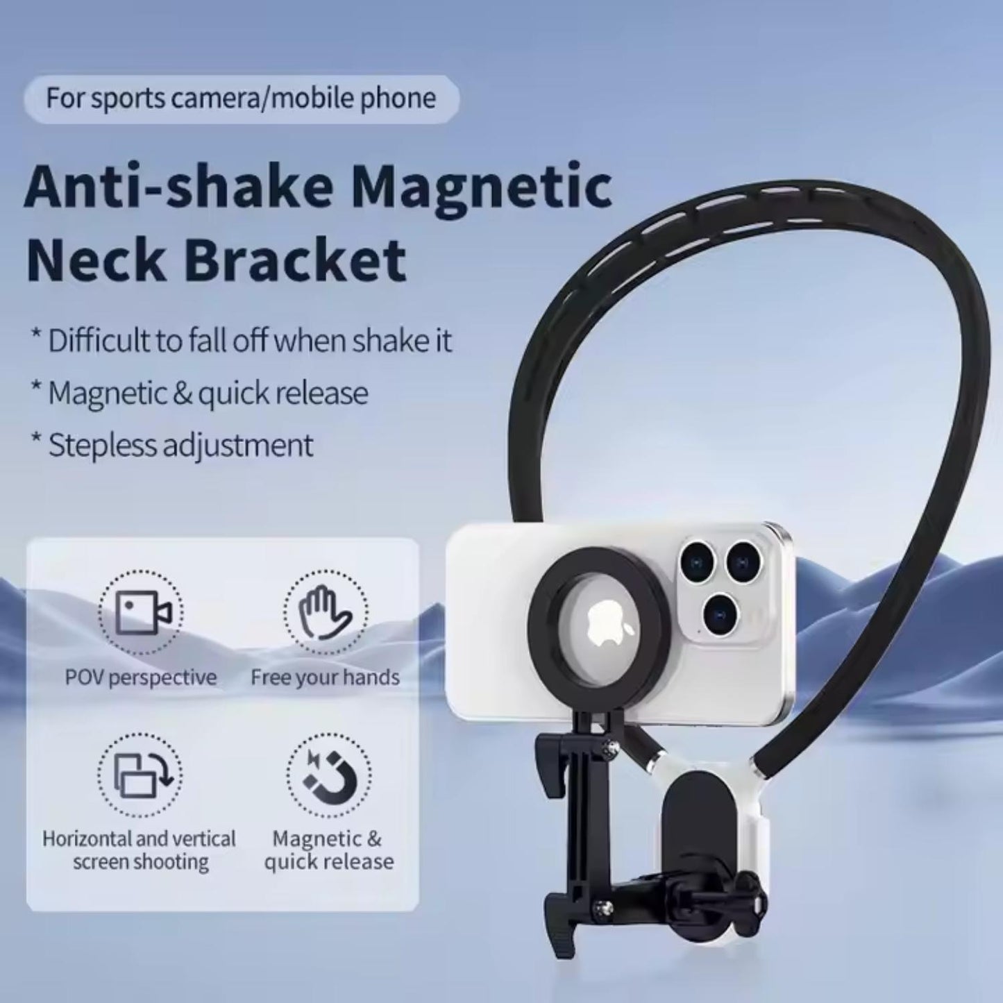 Magnetic Neck Phone Holder - Hanging Neck Phone Holder Adjustable Neck Mount Hands-Free GrPro Durable Grip Suction Bracket for POV, Vlogging, & Video Recording Compatible With Smart All Phones Selfie Stand Phone Accessories Travel Gadgets