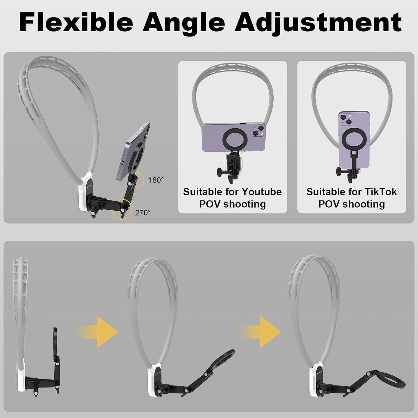 Magnetic Neck Phone Holder - Hanging Neck Phone Holder Adjustable Neck Mount Hands-Free GrPro Durable Grip Suction Bracket for POV, Vlogging, & Video Recording Compatible With Smart All Phones Selfie Stand Phone Accessories Travel Gadgets