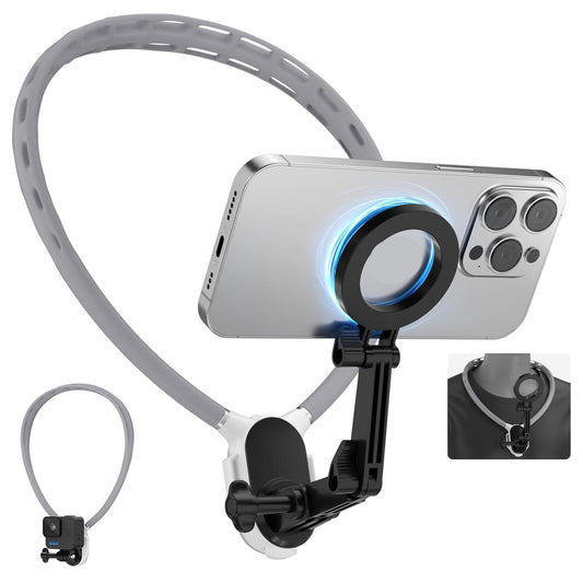Magnetic Neck Phone Holder - Hanging Neck Phone Holder Adjustable Neck Mount Hands-Free GrPro Durable Grip Suction Bracket for POV, Vlogging, & Video Recording Compatible With Smart All Phones Selfie Stand Phone Accessories Travel Gadgets